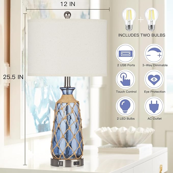 25.5" Coastal Glass Table Lamps Set of 2, 3-Way Dimmable Touch Control Bedside Lamps with 2 USB Ports and AC Outlet, Blue Nautical Nightstand Lamps for Bedroom Living Room (LED Bulbs Included)
