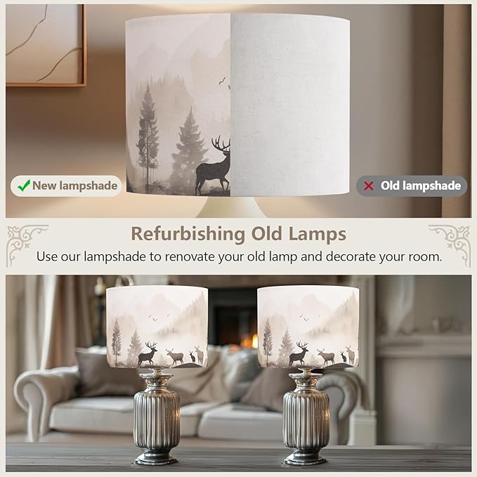 Fabric Lamp Shades Set of 2, 13x13x10in Drum Lamp Shades, HD Printing Deer and Forest Lamp Shade, Western Lampshade fit with Spider, Rustic Farmhouse Lamp Shade for Table Lamps, Floor Lamps