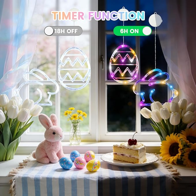 BHCLIGHT 4 Pack Easter Window Lights, Multicolor Bunny and Egg Lights, Battery Operated Easter Window Decorations Light up with Suction Cup and Timer Function for Indoor Window Glass Wall Party Decor