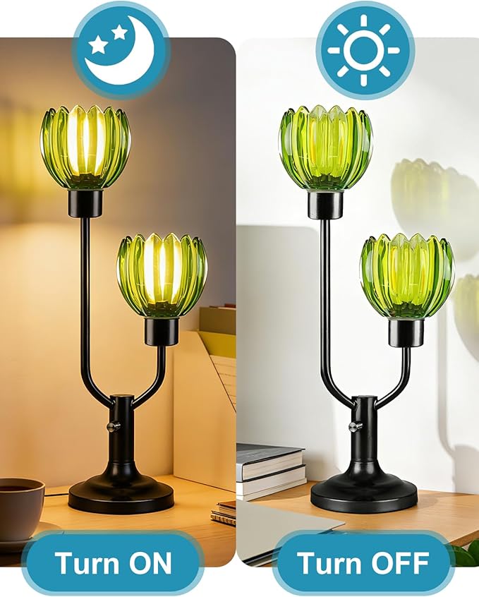 Lightdot Mid Century Modern Glass Table Lamp Black Dimmable U-Shaped Desk Lamps with Green Lotus Glass Shade& 2Pcs 3000K Warmwhite Bulbs Included Bedside Nightstand Lamp for Living Room Bedroom