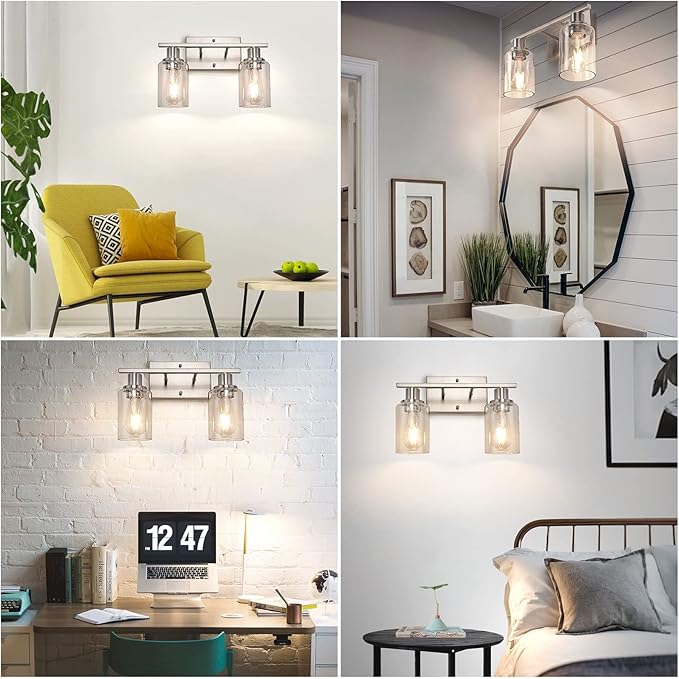 ShineTech 2-Light Bathroom Light Fixtures, Modern Vanity Lights with Clear Glass Shade, Brushed Nickel Bathroom Vanity Light Over Mirror, Living Room
