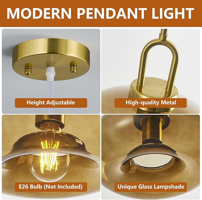 Brown Glass Pendant Lights Kitchen Island Gold Pendant Light Fixtures Adjustable Height Modern Pendant Lighting for Bedroom Dining Room (1-Pack)