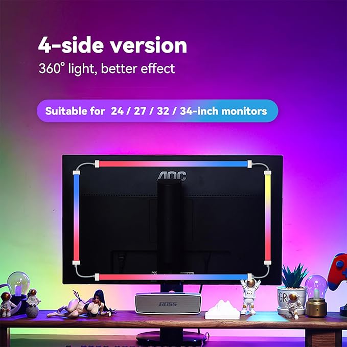 Monitor LED Backlights for PC & Mac, LED Strip Light Sync with Screen Color/Music, Computer Light Bar Behind Screen, LEDs for Desk Gaming, USB Port, Software Control, G100 (4-Side 34inch)