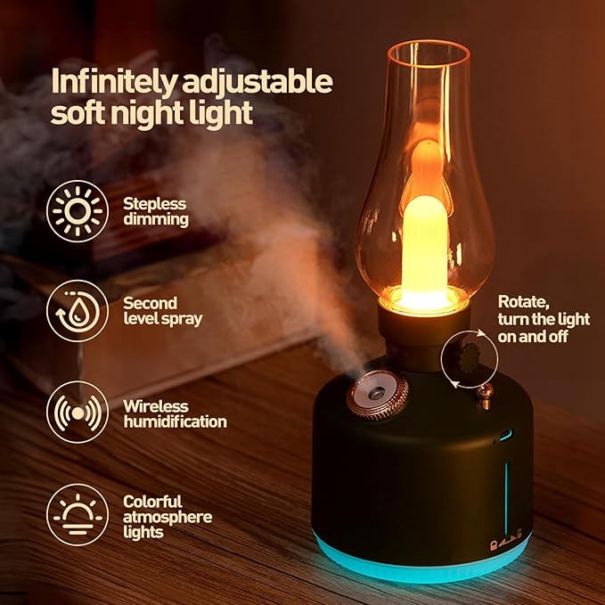 APSARAS USA Essential Oil Diffuser,Vintage Lamp Humidifier,1200mAh Adjustable Brightness Night Light Air Aroma Diffuser Humidifier,Timer & Auto Shut-Off，Gift for Lover,Home,Office,Yoga,Gym280ml
