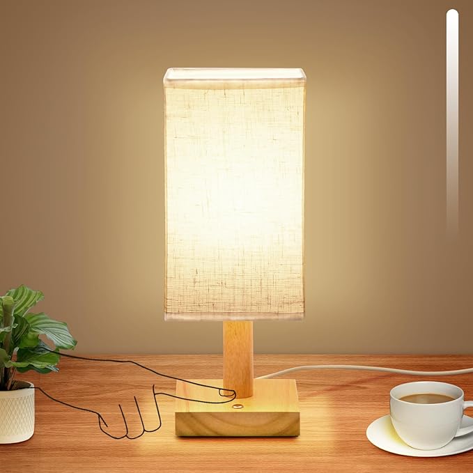 Small Corded Touch Square Table Lamp with Stepless Dimming, Natural Wood Base & Linen Fabric Shade, 5W Ambient Night Light for Bedroom, Bedside, Nightstand, Living Room, Nursery