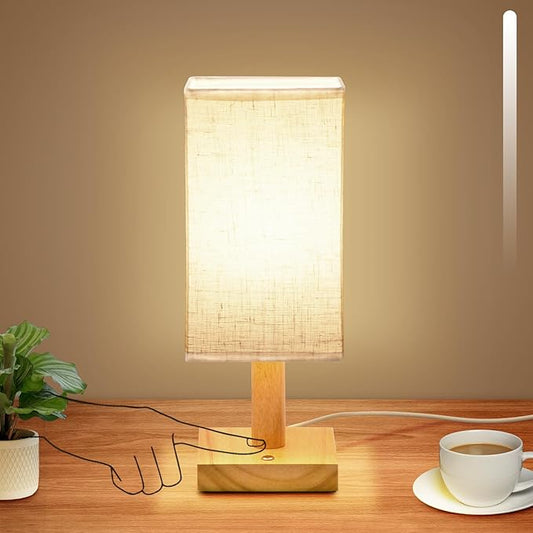 Small Corded Touch Square Table Lamp with Stepless Dimming, Natural Wood Base & Linen Fabric Shade, 5W Ambient Night Light for Bedroom, Bedside, Nightstand, Living Room, Nursery