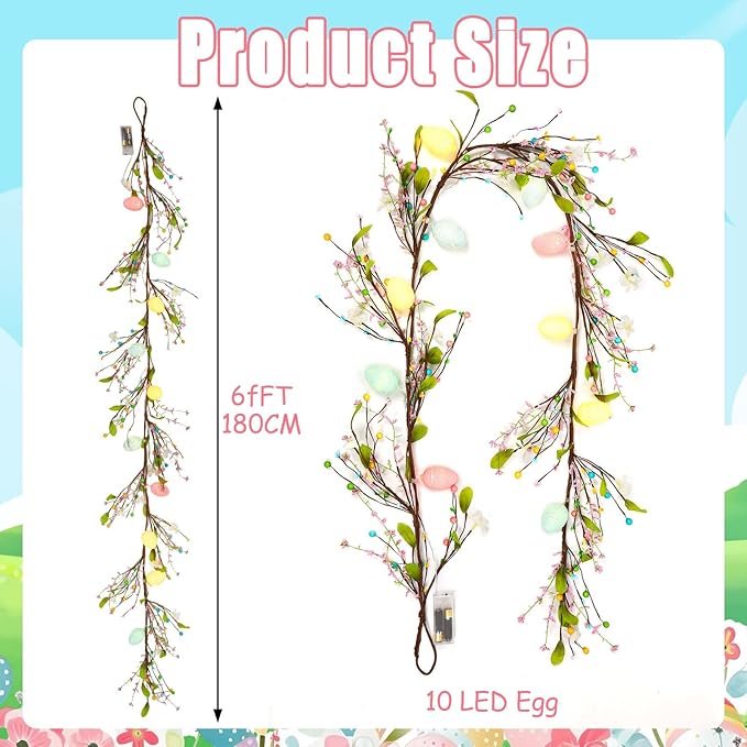 JUNEBRUSHS 6 FT Lighted Easter Egg Garland, Artificial Floral Spring Garlands for Mantle Fireplace Garland for Spring Home Decor Easter Party Indoor Outdoor Decoration