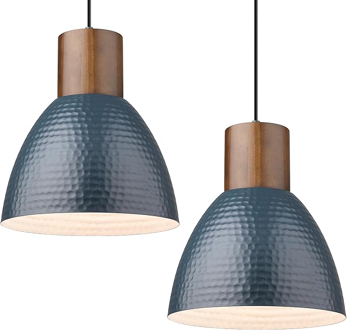 ELYONA 2 Pack Modern Hammered Pendant Lights 10.2” Blue Solid Wood Hanging Lamp, Adjustable Height, Industrial Metal Pendant Lighting for for Farmhouse, Kitchen Island, Dining Room,Bedroom,Bar,Office