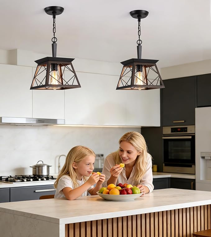Q&S Farmhouse Hanging Pendant Light Fixture,Vintage Industrial Lantern Bronze Chandelier 1-Light for Hallway Entryway Kitchen Island Dining Room UL Listed