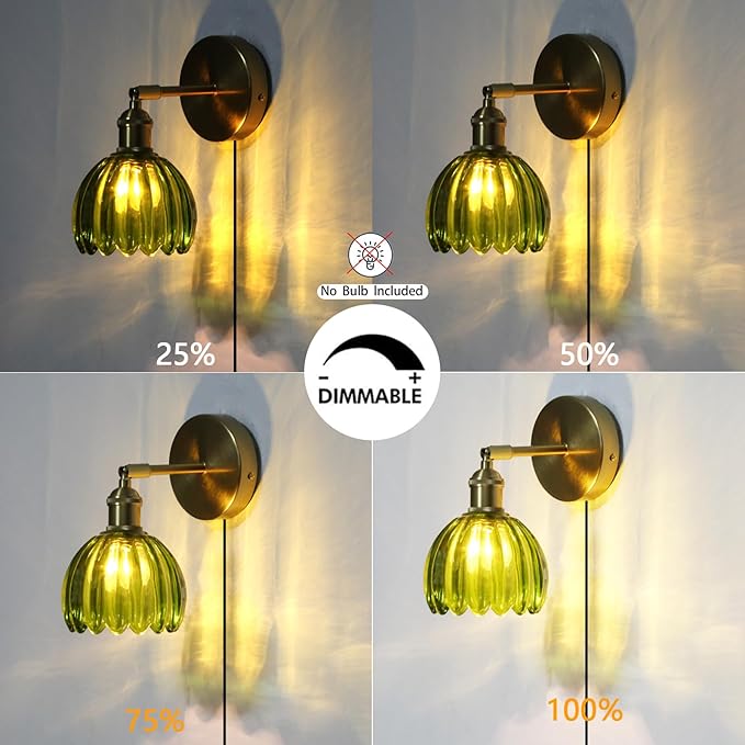 HuisMier Plug in Wall Sconces, Vintage Green Tulip Glass Lampshade Wall Light with On/Off Switch, Modern 180 Degree Adjustable Brass Wall Sconces for Bathroom Bedroom Living Room Hallway, Plug in