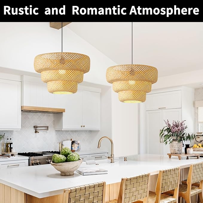 18inch Bamboo Rattan Pendant Light, 3-Layer Hand-Woven Wicker Boho Hanging Ceiling Light Fixture, Beige Rustic Farmhouse Chandelier Lamp for Kitchen Island, Dining Room, Bedroom, Living Room