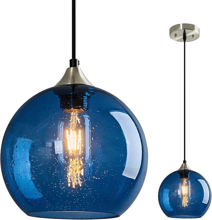 Blue Glass Pendant Lights Kitchen Island Lighting Globe Pendant Light Fixtures Modern Pendant Lighting for Kitchen Island Bedroom Living Dining Room Light Fixture(7.87in, 1-Pack)