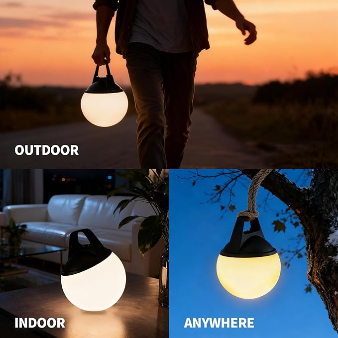 Cordless Smart Bluetooth Danish Design Globe Lamp with Rope,Outdoor Warterproof IP67,APP control Touch control,Adjustable Brightness for Bedroom Living Room Bathroom Camping Restaurant Dimmable Light