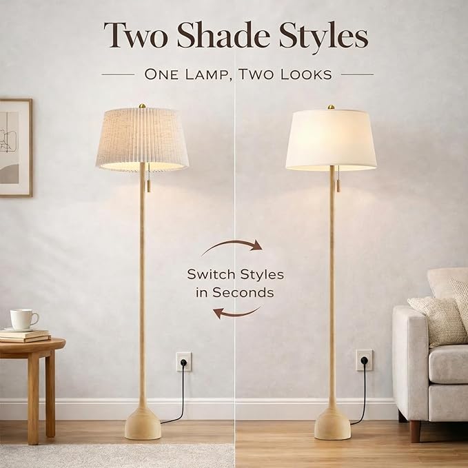 MOFFE 65" Mid Century Modern Vintage Real Wood Floor Lamp with 2 Shades for Two Looks, Sculptural Standing Lamp with Teardrop Base & Wooden Pull Chain for Living Room Bedroom Sofa Side (Bulb Included)