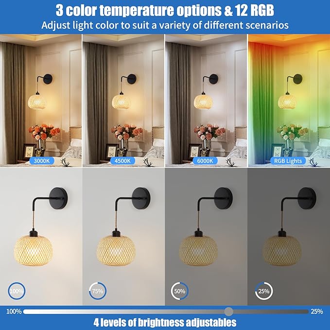 Battery Operated Wall Sconce Set of Two, Bamboo Rechargeable Wireless Sconces with Remote, Dimmable Non-Hardwired Farmhouse Boho Wall Lights for Bedroom Living Room (Black,8 inches)