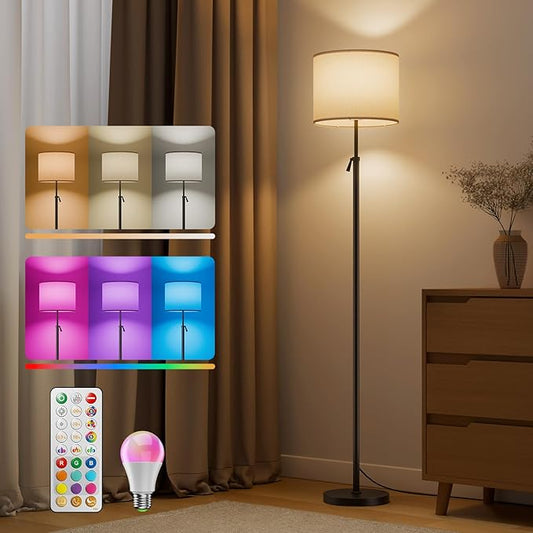 Floor Lamp for Living Room with RGBCW Color Changing Bulbs Dimmable, Adjustable Height Standing Lamp with Remote Control, 10W 1200 Lumen, Tall Lamp for Living Room, Bedroom, Office, Black