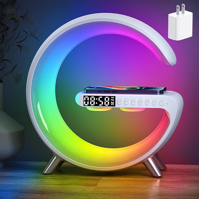 Smart LED Bedside Table Lamp with Bluetooth Speaker & App Control | 15W Wireless Charging Dock | Sunrise Alarm Clock, Night Light & Ambient Sound | Modern Bedroom Home Decor