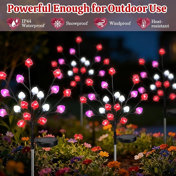 Lewondr Valentine's Day Solar Outdoor Lights, 4 Pcs Valentines Day Decorations, 20 LED Red Pink White Heart Solar Lights with 2 Modes, Waterproof Valentines Decor for Outdoor Garden Lawn Yard Pathway