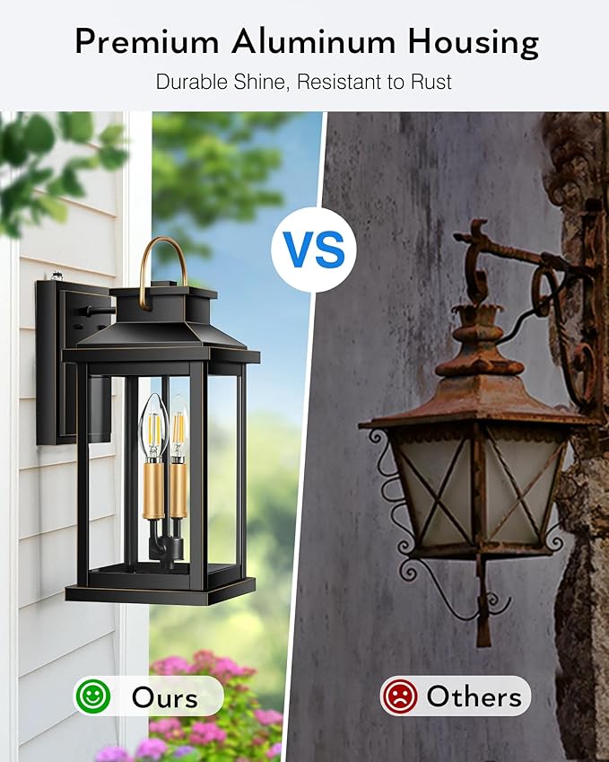 VIANIS Large Porch Lights Outdoor Dusk to Dawn, Black Gold Accents Exterior Lighting Fixtures Wall Mount for House, Modern Outdoor Sconces Wall Lighting for Patio, Waterproof Coach Lights for Garage