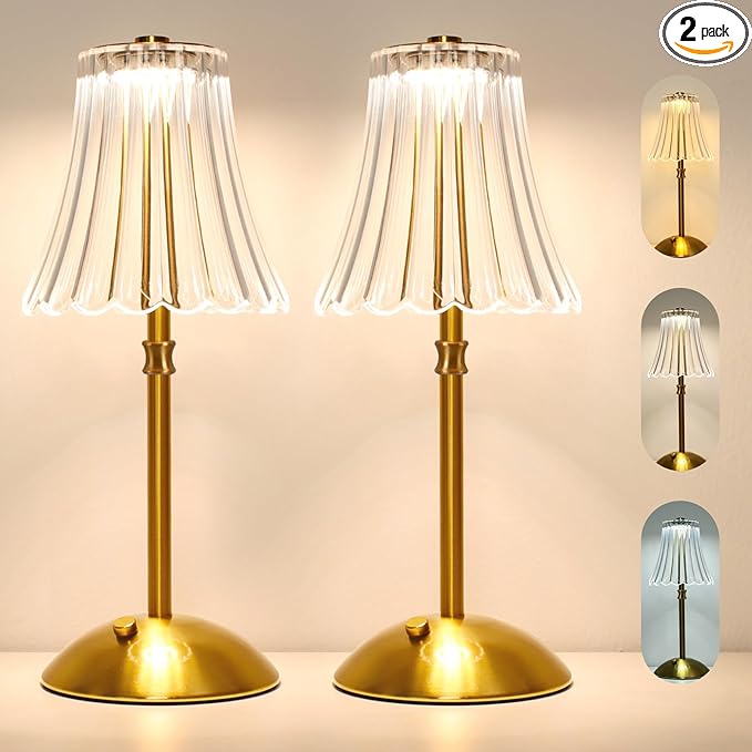 2 Pack Touch Cordless Table Lamp Rechargeable, 3600mAh Battery Operated Small Crystal Lamp, 3 Color Dimmable Vintage Gold Table Light for Bedroom/Kitchen/Gift for Home Décor (Art Decor)