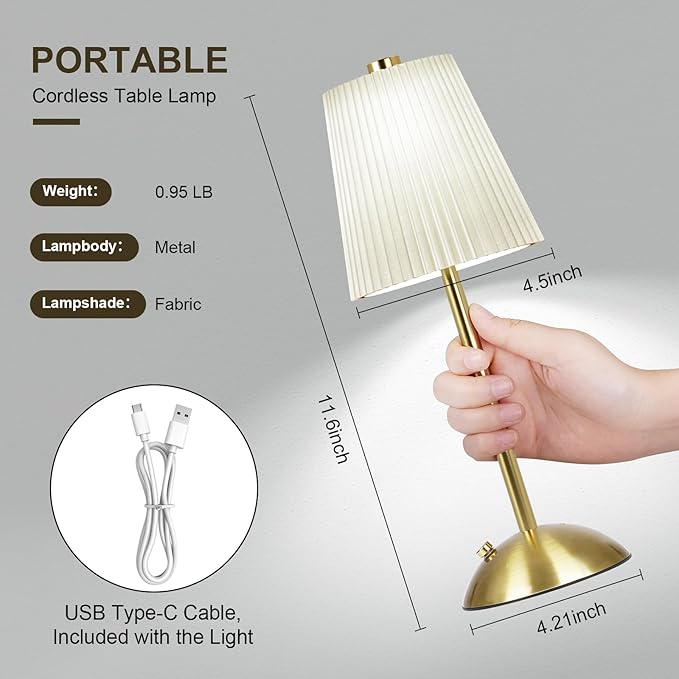 FRIDEKO HOME Rechargeable Table Lamp Gold - Cordless Battery Operated Lamp, Fabric Shade Desk Lamp, Wireless Lamp for Decor Bedroom Dining Table Counter (1pcs-Hard Fabric-LED-11.65in)
