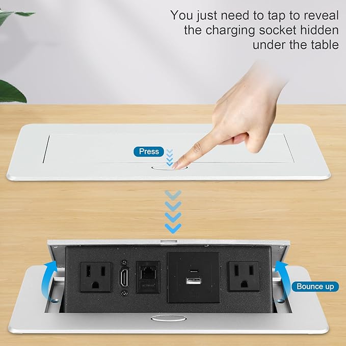 Table Pop Up Outlet,Automatic Pop up Strip Center countertop Socket Recessed Multimedia Strip Socket & USB+ 2AC+ LAN Network Connection Box Desktop HDMI for Conference Desk, Office, Hotel(Silver-2)