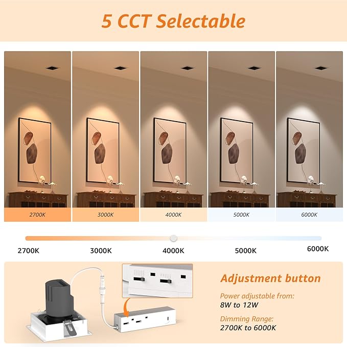 16-Pack LED Square Recessed Lighting, 12W Adjustable Downlight, Aluminum Recessed Ceiling Light with junction Box, 5 CCT 2700K-6000K, Rotation Spotlight for Living Room Bedroom Hallway Kitchen