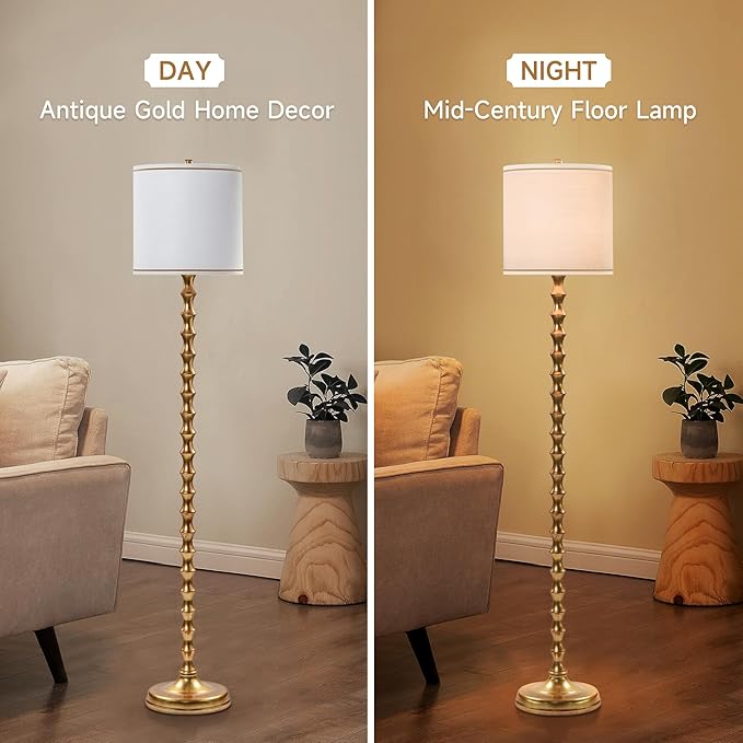 64.5" Gold Floor Lamp, Mid-Century Modern Floor Lamp for Living Room & Bedroom with White Drum Shade