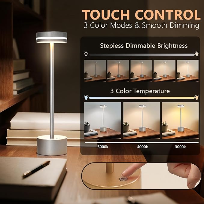 Cordl ess Table Lamp Rechargeable, Touch Desk Lamp with 5000mAh Battery, 3 Color Dimmable Light, Small Portable Aluminum Light for Outdoor/Patio/Dining/Tabletop/Bar, Home Decor (Silvery 2PK)