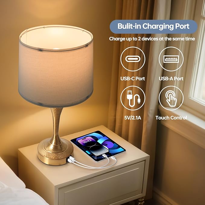 2 Pack Modern Touch Control Table Lamps with USB-C & USB-A Ports, 3-Way Dimmable Bedside Lamps, E26 Base Bulbs Included, for Bedroom Living Room, (Gold)