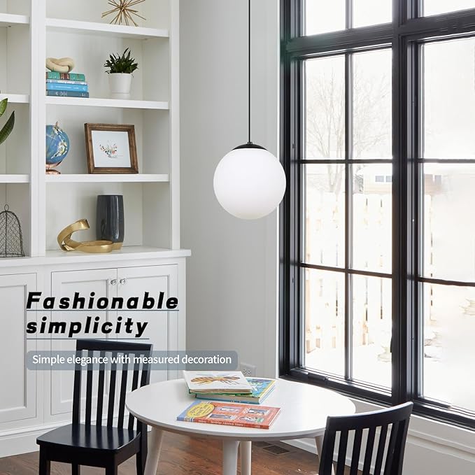 KoKo&Yukina 6-inch mini Modern Globe Pendant Light Opal Glass with Black Finish Contemporary Mid Century Adjustable Hanging Light Fixture for Living Room Bedroom Kitchen (Bulb Incl.)