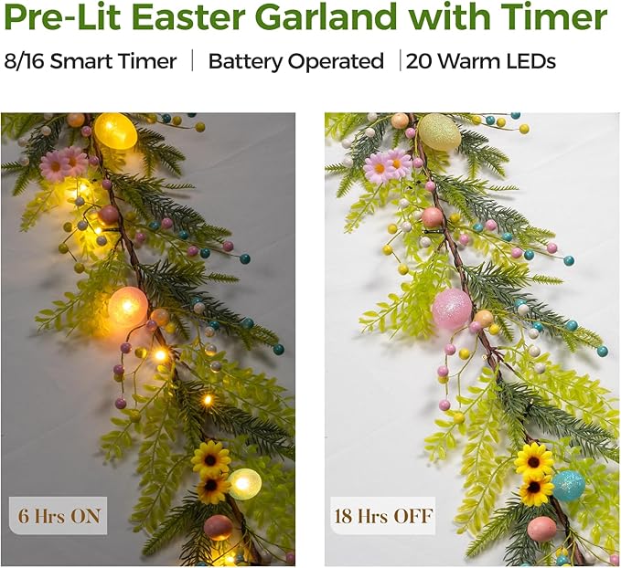 6FT Prelit Easter Garland with 20 LED Lights & 8 Modes Timer,Easter Decorations for Home,Battery Operated Lighted Easter Egg Garland with Berry Daisy for Mantle Door Table Indoor Outdoor Spring Decor