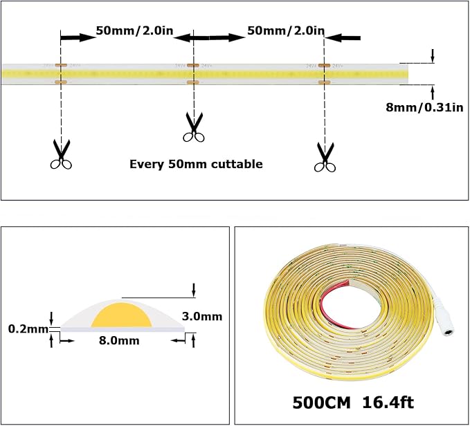 TOPAI 24V COB LED Strip Natural White 4000K Waterproof IP65 Super Bright CRI 90+ 4000lm Dotless High Density 480LEDs/M 16.4FT Cuttable Flexible LED Tape Light for Cabinet Home DIY Lighting Projects