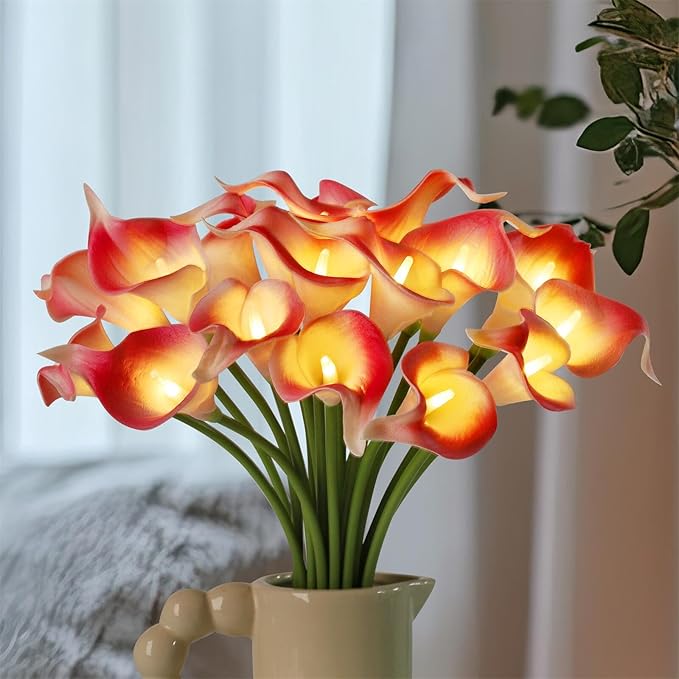 20pcs Lighted Artificial Calla Lily Bouquet Lamp Faux Floarl Night Light Real Touch Flower Night Lamp LED Calla Lily lighted Artificial Flower for Holiday Gifts Home Kitchen Decor(Pink, No Vase)