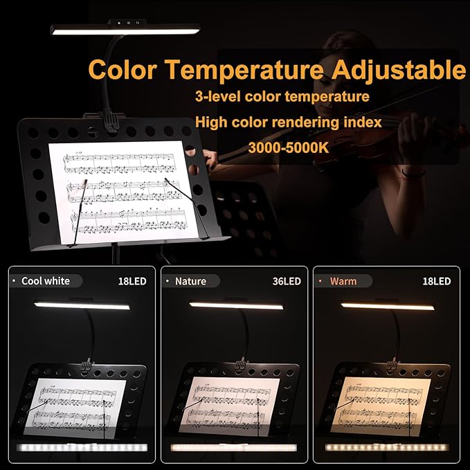 Super Bright Music Stand Light, LED Clip On Light,Magnetic Base, Removable Rechargeable Battery Operated, Long-Lasting USB-C Eye-Care Clamp Lamp, Gooseneck Design for Sheet Music, Black