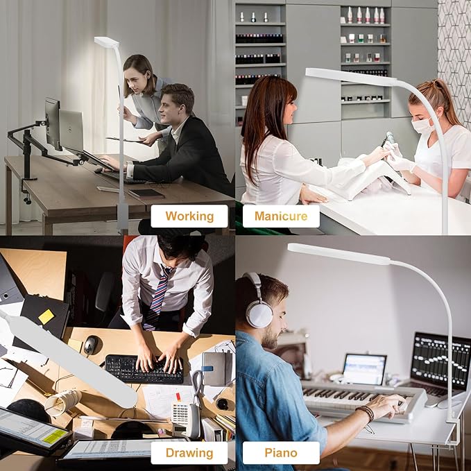 SKYLEO Led Desk Lamp - 33.5" Desk Light - Flexible Gooseneck - 5 Color Modes X 11 Brightness Levels - 1300LM - Timmer & Memory Function - 12W Clip on Light - White