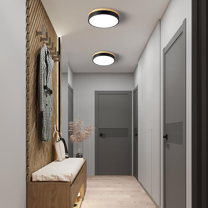 Dimmable Wood LED Ceiling Light Fixture, Black Round Low Profile Flush Mount Ceiling Lighting, Modern 5CCT 2700K-6000K Ceiling Lamp for Laundry Room Hallway Kitchen Bedroom, 11.8in