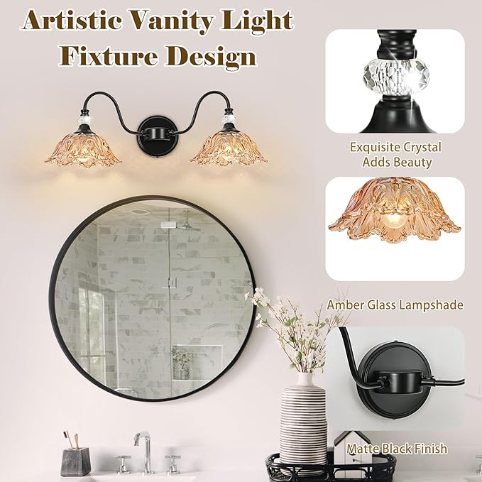 Black Bathroom Vanity Light, 2-Light Vanity Light with Floral Amber Glass Shades,Vintage Farmhouse Wall Mount Lighting for Bathroom, Dressing Table