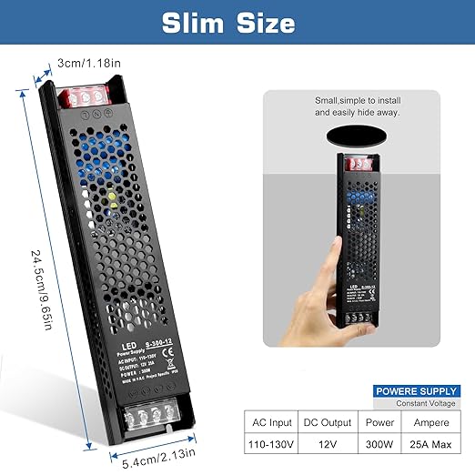 LED Driver 12V 300W 25A Slim LED Power Supply, AC 110V to 12V DC Adapter, Constant Voltage LED Transformer for Strip Lights, Bulbs, Garden and Cabinet Lights