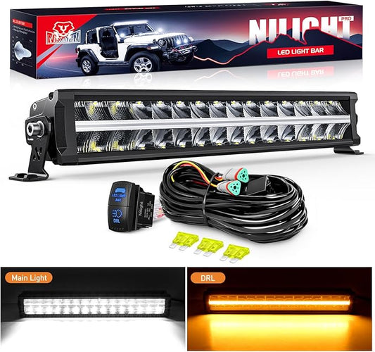 Nilight LED Light Bar with Amber DRL 19 Inch 150W Offroad Light Anti-Glare Flood Spot Combo LED Driving Light IP68 w/ 14 AWG DT Connector Wiring Harness for Pickup Truck SUV ATV UTV Boat 4x4