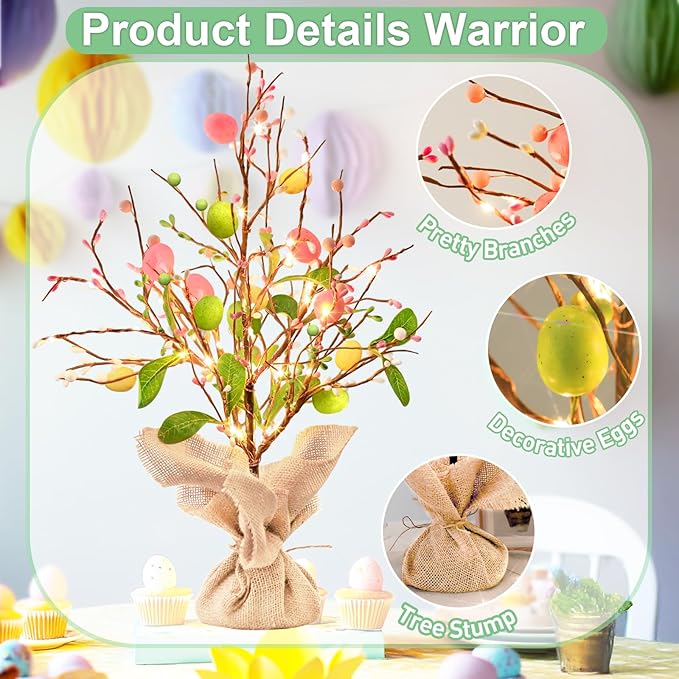 Vanthylit Easter Decorations, 2 Pack Easter Tree with Eggs Artificial Battery Powered Tabletop Centerpiece Lighted Artificial Tree for Holiday Party Spring Home Decor