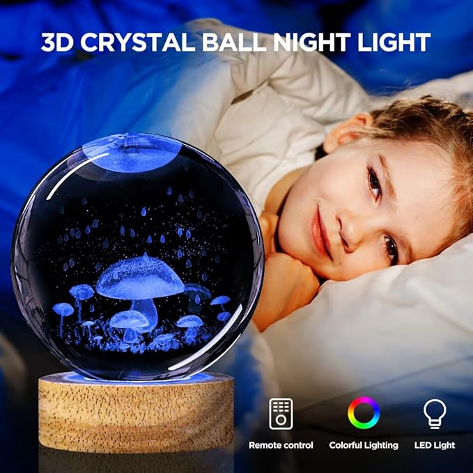3D Mushroom Crystal Ball Night Light, Upgraded 3.15 Inch Glass Ball Lamp with 16 Color LED Wooden Base, Mushroom Decor Birthday Holiday Christmas Glass Mushroom Lamp Gifts for Boys Girls Friends