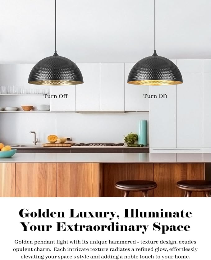 16 inch Black and Gold Pendant Light 2 Pack, Hammered Large Industrial Pendant Lights Kitchen Island, Black Dome Pendant Light for Kitchen Island, Dining Room, Bar
