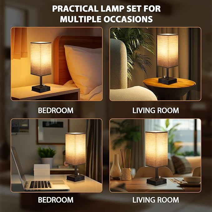 aooshine Black Fully Dimmable Nightstand Lamps Set of 2 - Table Bedside Lamp with USB C+A Charging Ports & 2 AC Outlets, Square Lamp Sets Linen Fabric Shade for Bedroom Living Room(Bulb Included)