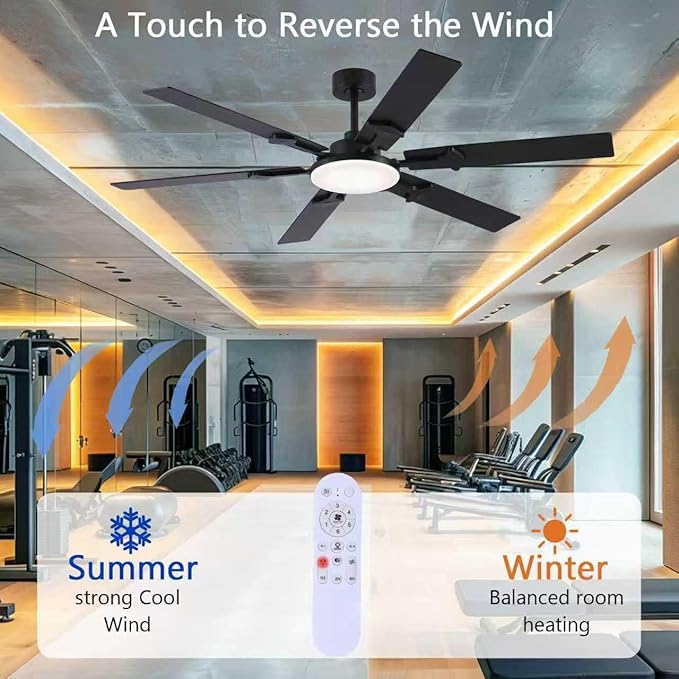 66 Inch Large Ceiling Fans with Lights and Remote, Black Modern Indoor/Outdoor Ceiling Fan for Living Room Kitchen Patio, 6 Speed Reversible DC Motor, 3 CCT Lighting, Dual Finish 6 Blades