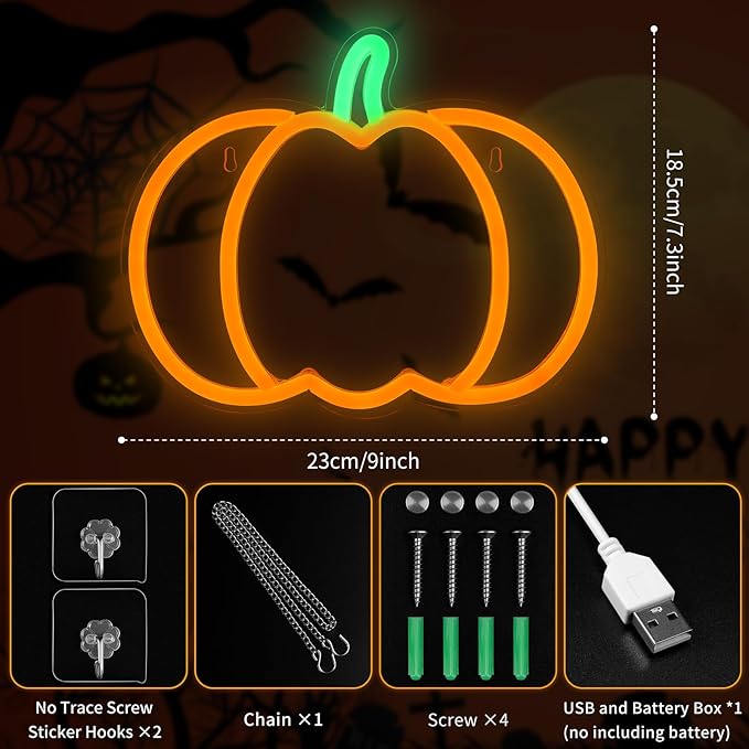 Halloween Decorations Pumpkin Neon Sign, 7.3*9in Dimmable Neon Sign Hanging for Wall, Indoor Cute Vintage Fall Thanksgiving Decor for Table Home Kitchen Bedroom Living Room Bar Pub Club Party, Indoor Battery Operated or USB