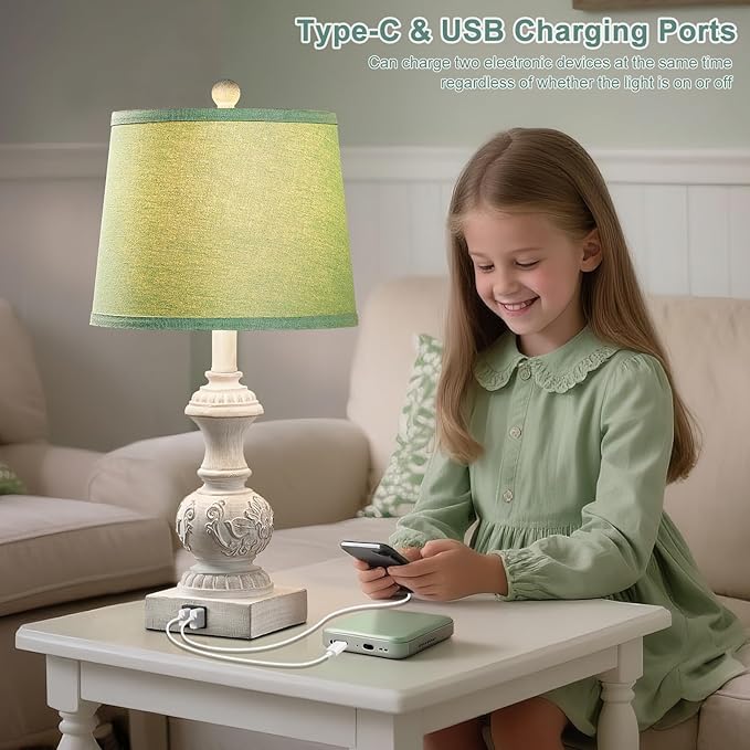 Green Bedside Lamp Set of 2 Vintage Farmhouse Table Lamps with USB A+C Ports 23.5" Floral Carved Pull Chain Boho Nightstand Lamps for Living Room Bedroom Home Office Dorm (No Bulb)