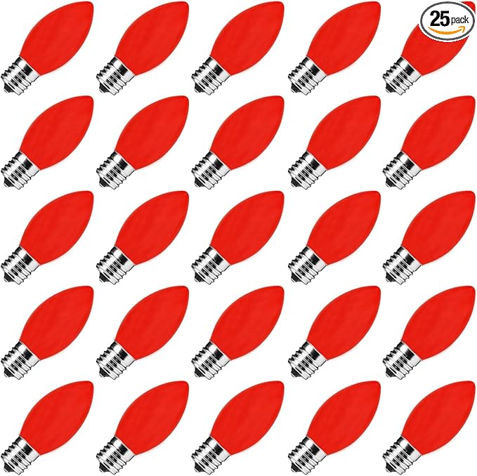 C9 Red Valentines Christmas Replacement Bulbs, 25 Pack C9 Incandescent Light Bulbs Ceramic Red Light Bulbs for Valentines Christmas String Lights, E17 Intermediate Base, 7 Watts