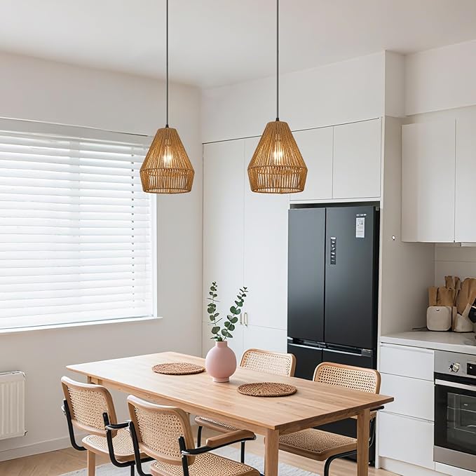 3 Packs Rattan Pendant Light, 9” Boho Black Hanging Light Fixture Kitchen Island, Natural Hand-Woven Pendant Light, Adjustable Farmhouse Chandelier For Sink Island Bar Foyer Bedroom Dining Room