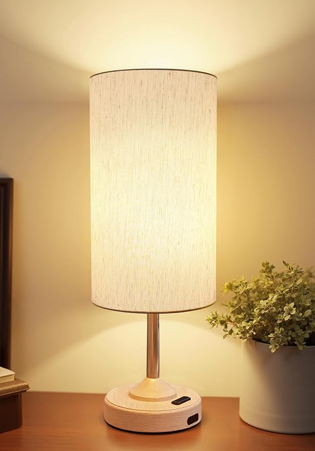 EZVALO Cordless Table Lamp, Ambient Light, Dimmable, Touch, Timer, 2700K, Bedroom, Portable, LED, Wireless, Rechargeable, Battery Operated, Desk Lamp, Fabric Shade, Wood-Grain Finish, Living Room